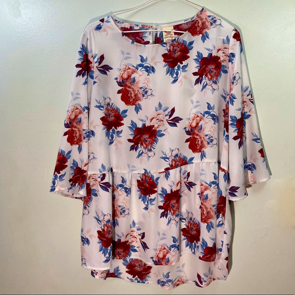 Pale Pink and Roses High-Low Babydoll 3/4 Sleeve Shirt
